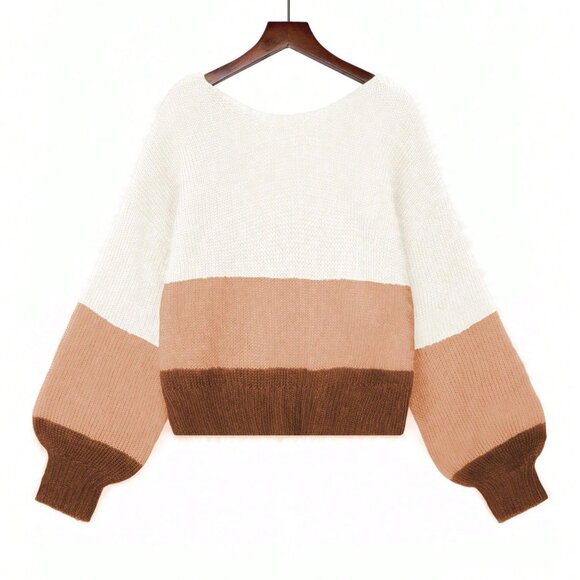 Multicolor Loose Fit Cropped Women's Color Block Backless Sweater - Picture 5 of 6